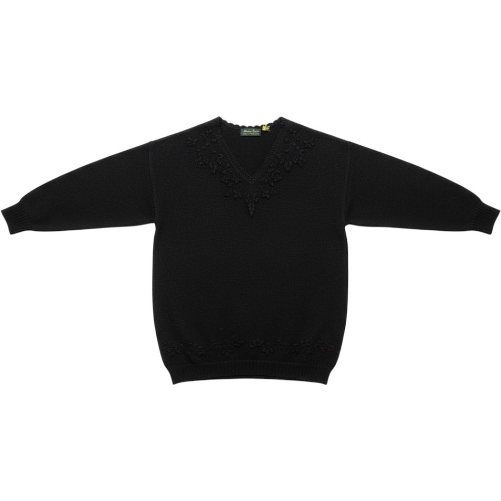 Dana Scott V-Neck Sweater Womens Large Black Excellent Embroidered Floral Knit